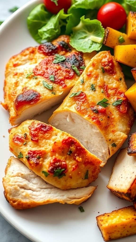 Crispy air fryer chicken breast sliced on a plate with salad and vegetables.